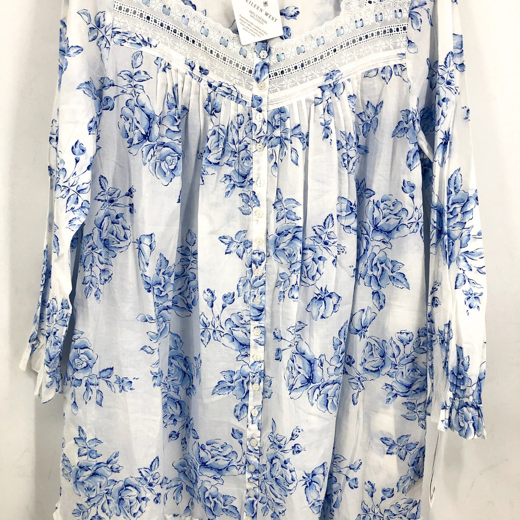 EILEEN WEST Short Nightgown Large Blue White Floral Long Sleeve Cotton Knit NWT