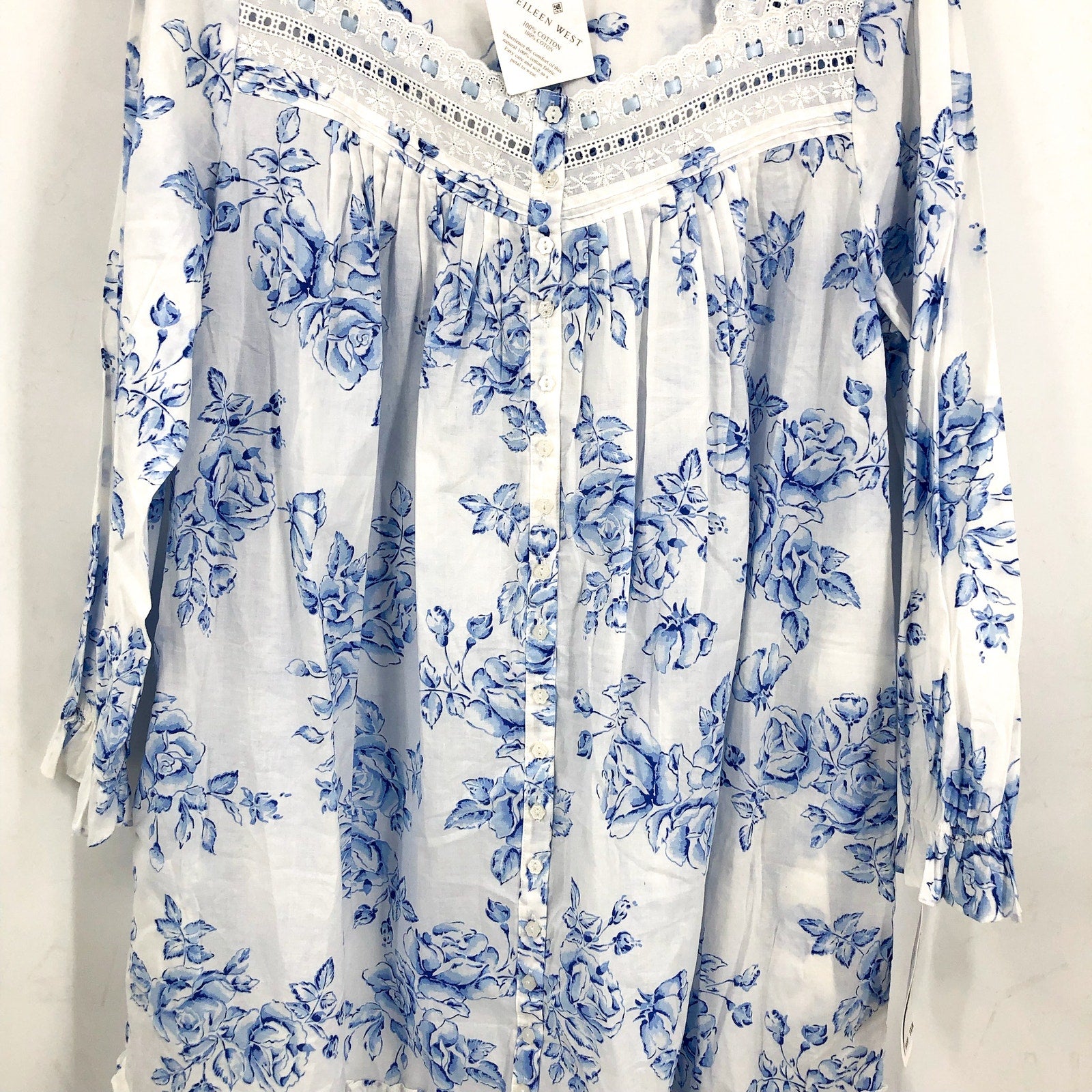 EILEEN WEST Short Nightgown Large Blue White Floral Long Sleeve Cotton Knit NWT