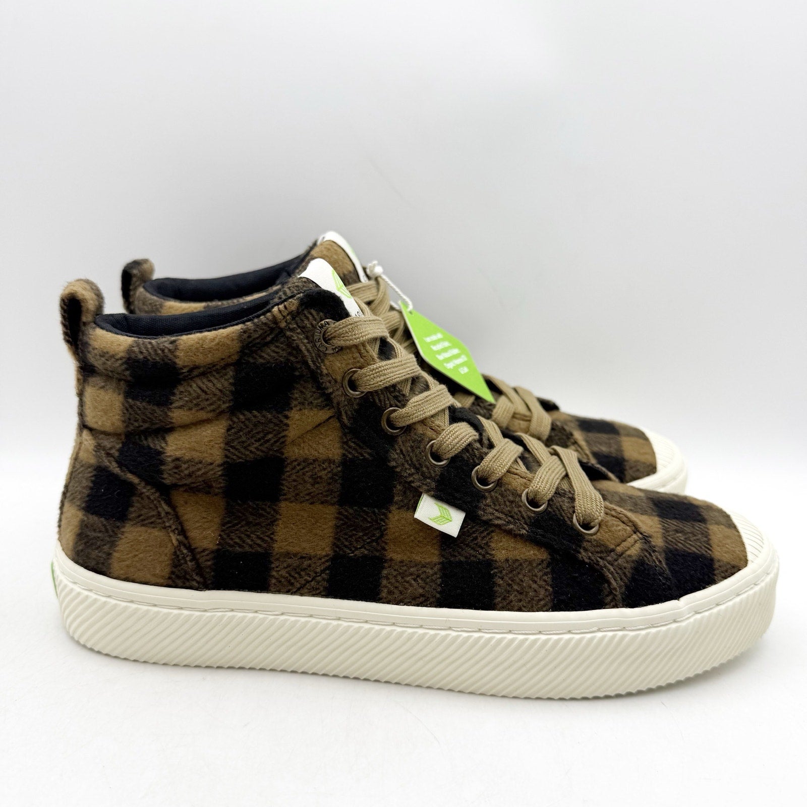 Cariuma Womens OCA High Top Sneakers US 8.5 Brown Black Plaid Organic Cotton NIB