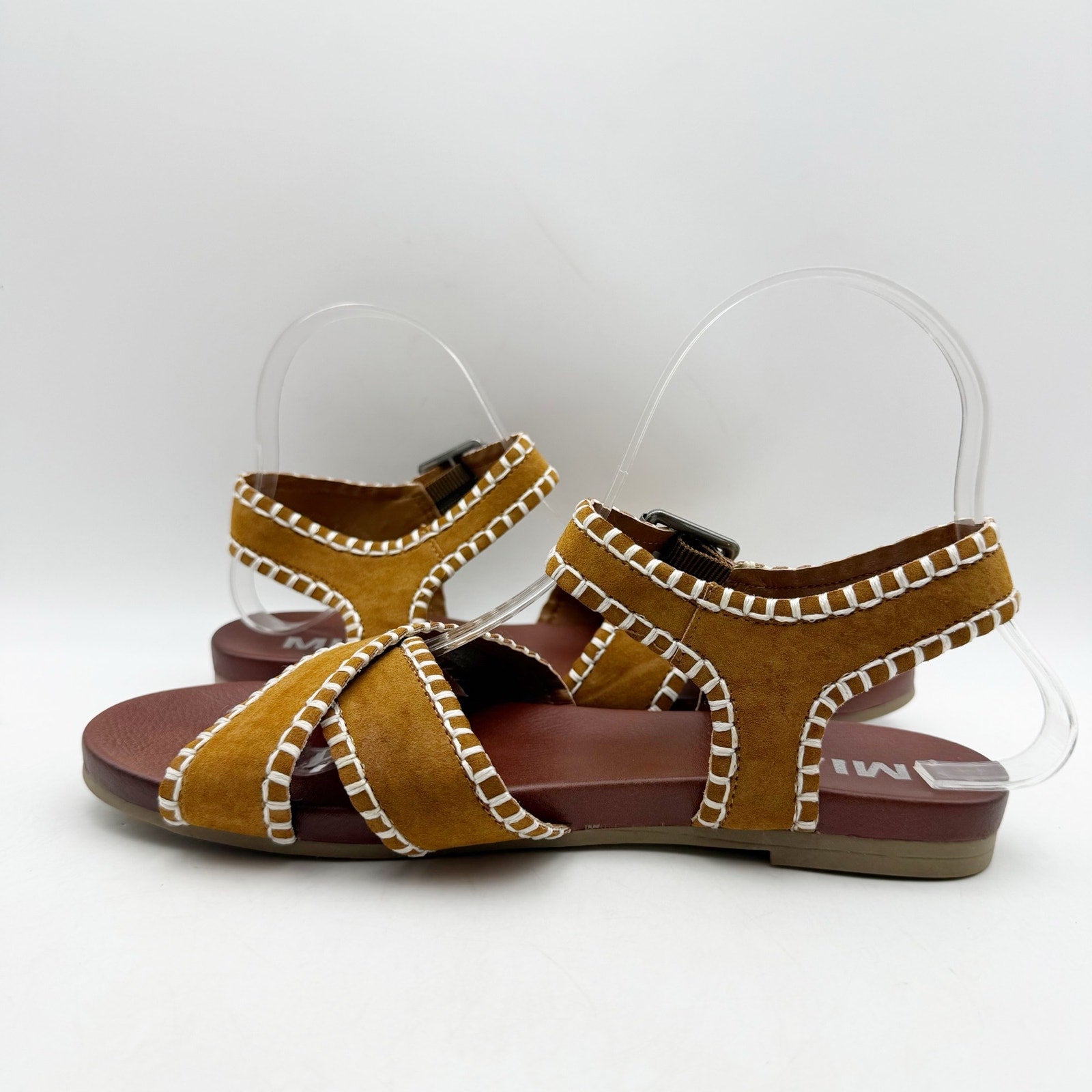 MIA Amore Womens Sofee Whipstitched Sandals US 6.5 Cognac Brown Vegan Suede NWOB