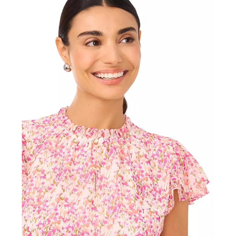 CECE Women's Ruffled Blouse XS Pink Floral Keyhole-Neck Flutter-Sleeve NWT