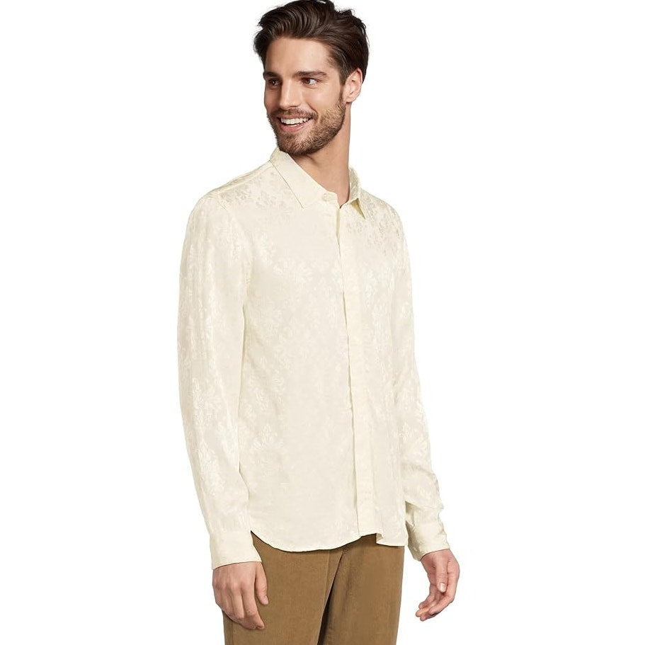 JOHN VARVATOS Men's Rodney Long Sleeve Shirt Medium Cream Damask Jacquard NWT