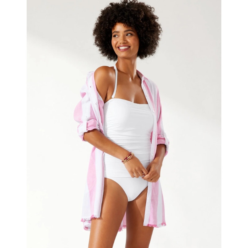 TOMMY BAHAMA Women's Pearl Bandeau One Piece Swimsuit Size 14 White Shirred NWT