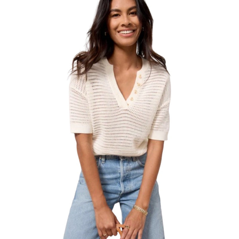 VARLEY Women's Callie Mesh Knit Top Large Beige Egret Short Sleeve NWT
