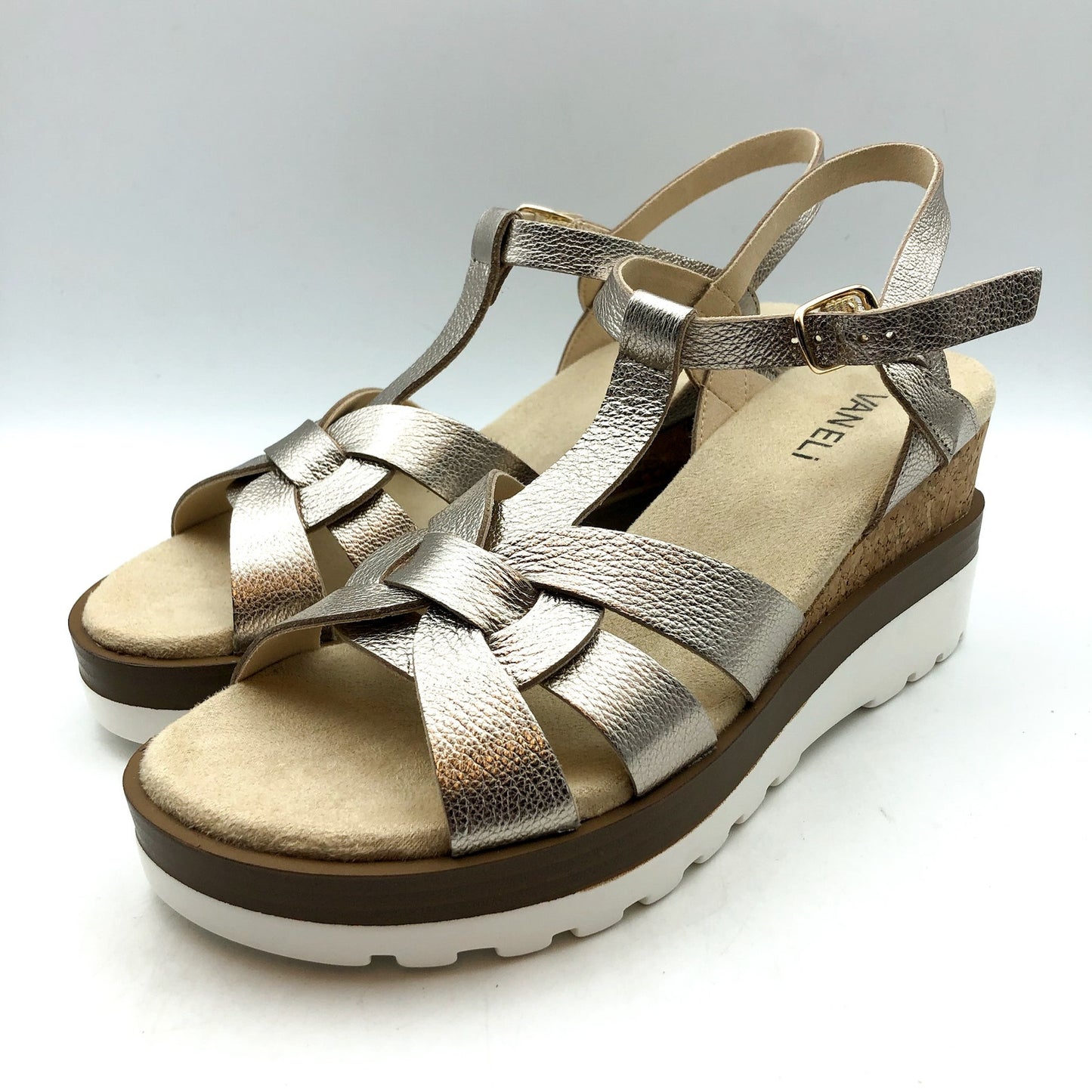 Vaneli Womens Carly Cork Casual Sandals US 8 Narrow Shell Metallic Leather NIB