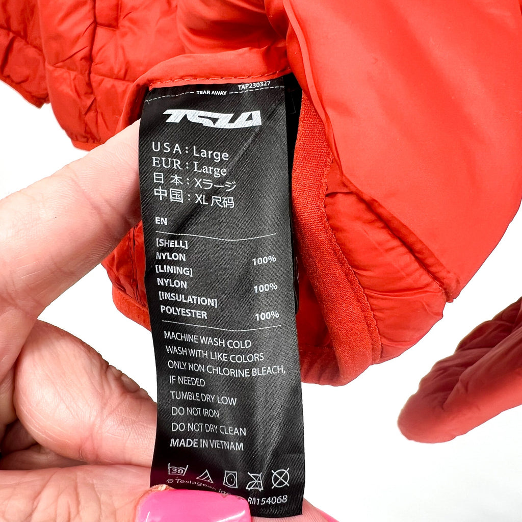 TSLA Mens Ascent Puffer Jacket Large Orange Red Lightweight Packable NWOT