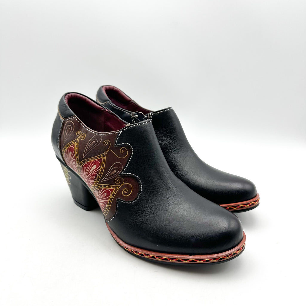 L'ARTISTE Womens Zami Heeled Bootie EU 35 US 5 Black Multi Embossed Leather NWOB