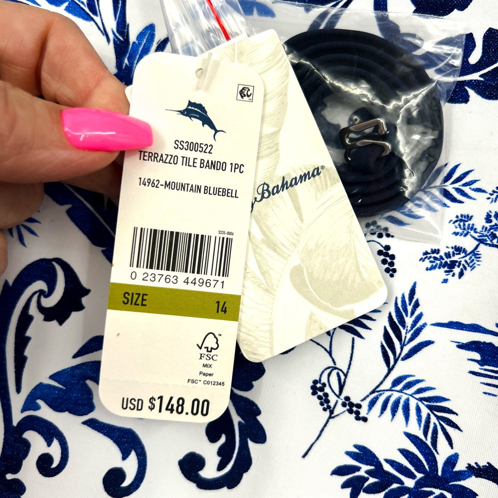 TOMMY BAHAMA Terrazzo Tile Bandeau One Piece Swimsuit Size 14 Blue Floral NWT