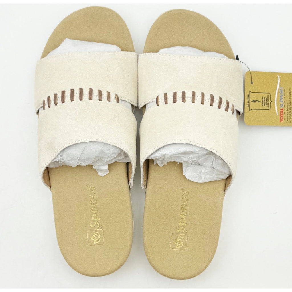 Spenco Womens Twilight Woven Slide Sandals Size 9 Wide Cream Almond Buff Tan NIB