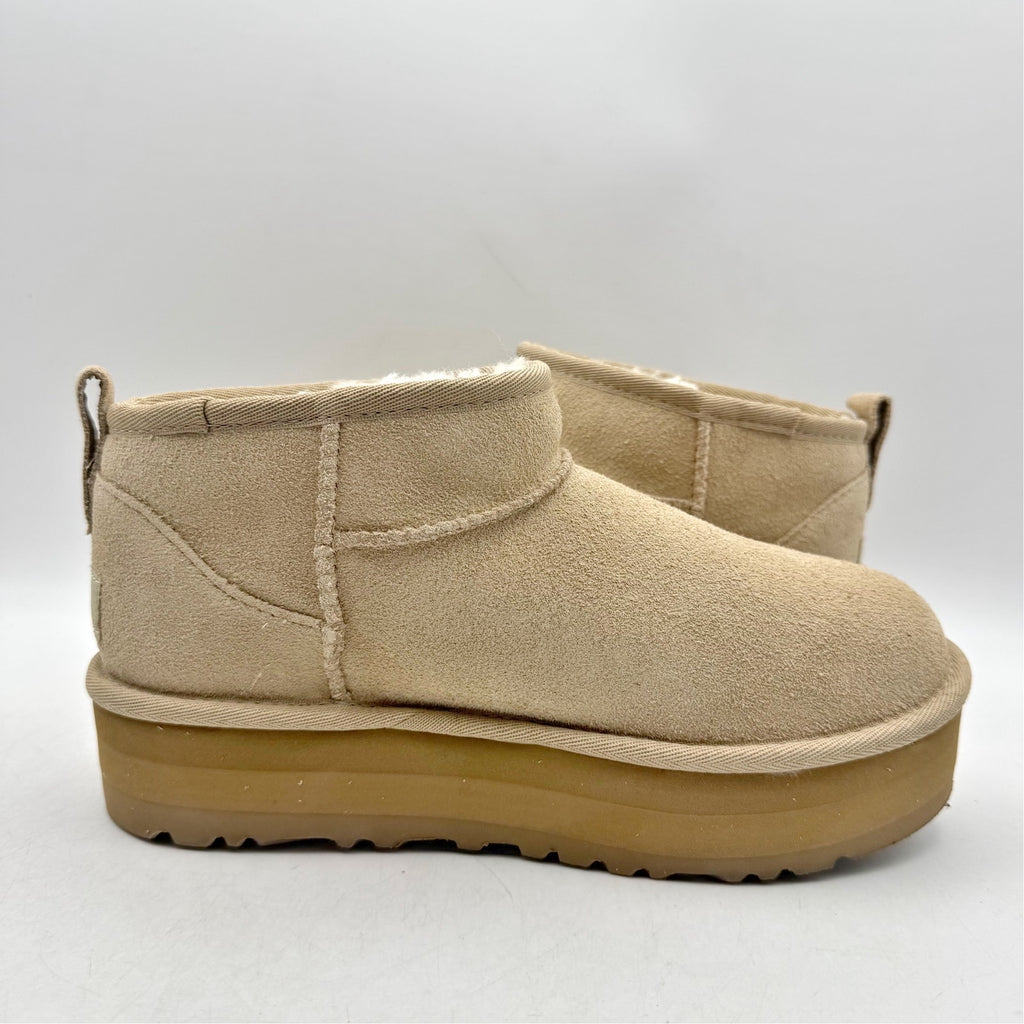 UGG Women Classic Ultra Mini Platform Boot US 5 Sand Suede Fur Plush Lining NWOB