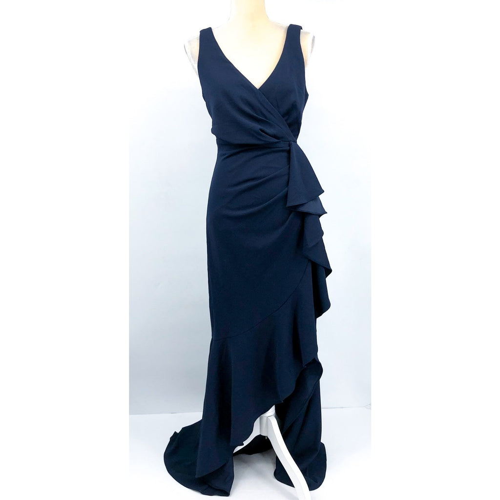 BETSY & ADAM Candace Long Cascade Dress 10 Navy Blue V- Neck Hi Low Crepe NWOT