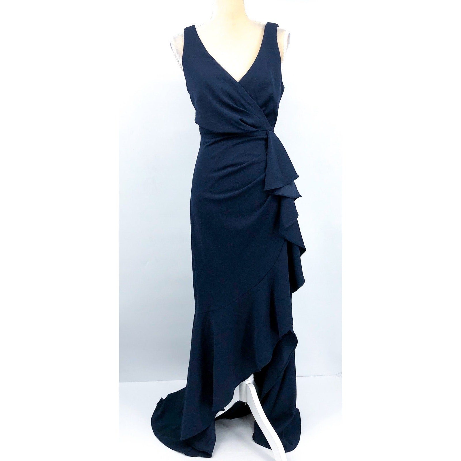 BETSY & ADAM Candace Long Cascade Dress 10 Navy Blue V- Neck Hi Low Crepe NWOT