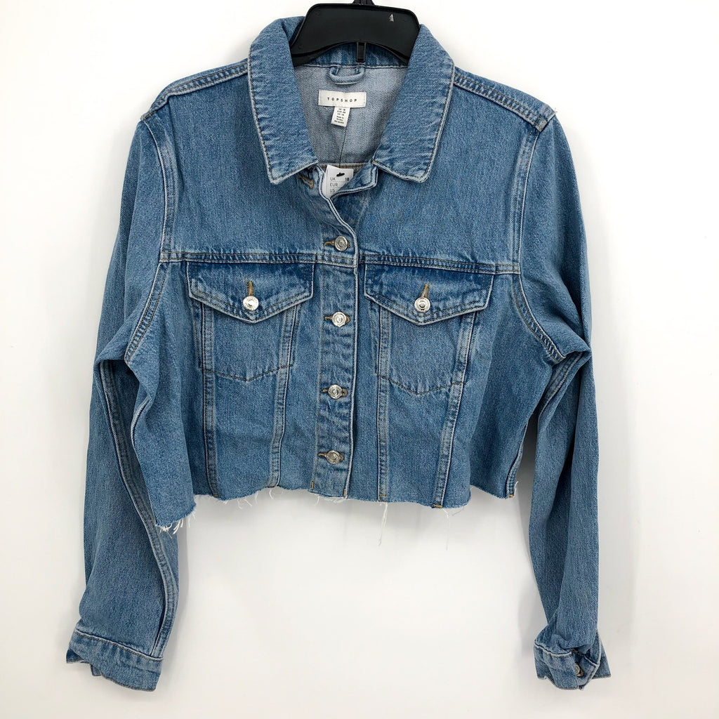 TOPSHOP Womens Cropped Denim Jacket Size 14 Blue Rigid Denim Raw Hem NWT