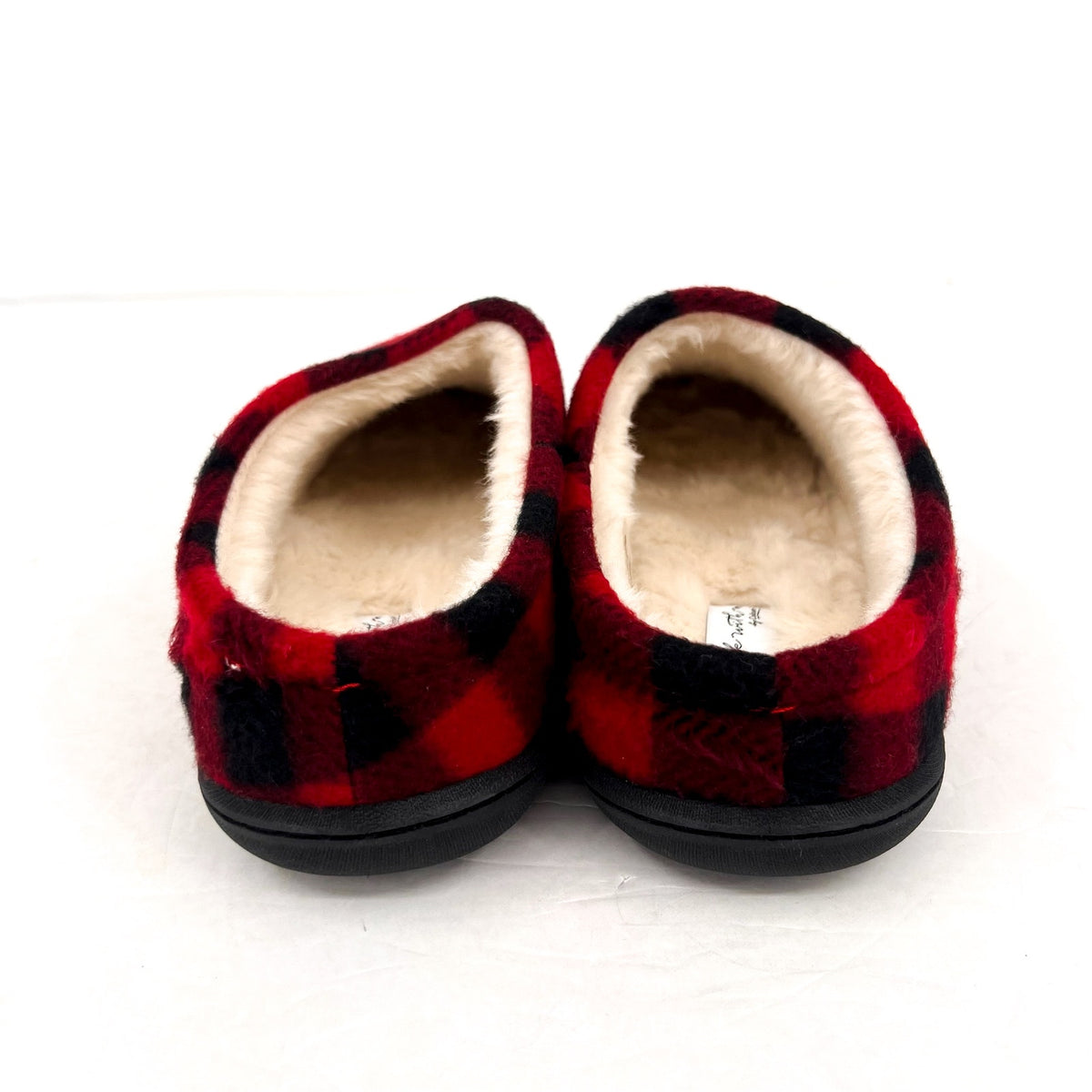 COLDWATER CREEK Women's Faux Fur Heart Slip On Clogs 10M Red Buffalo Plaid NIB