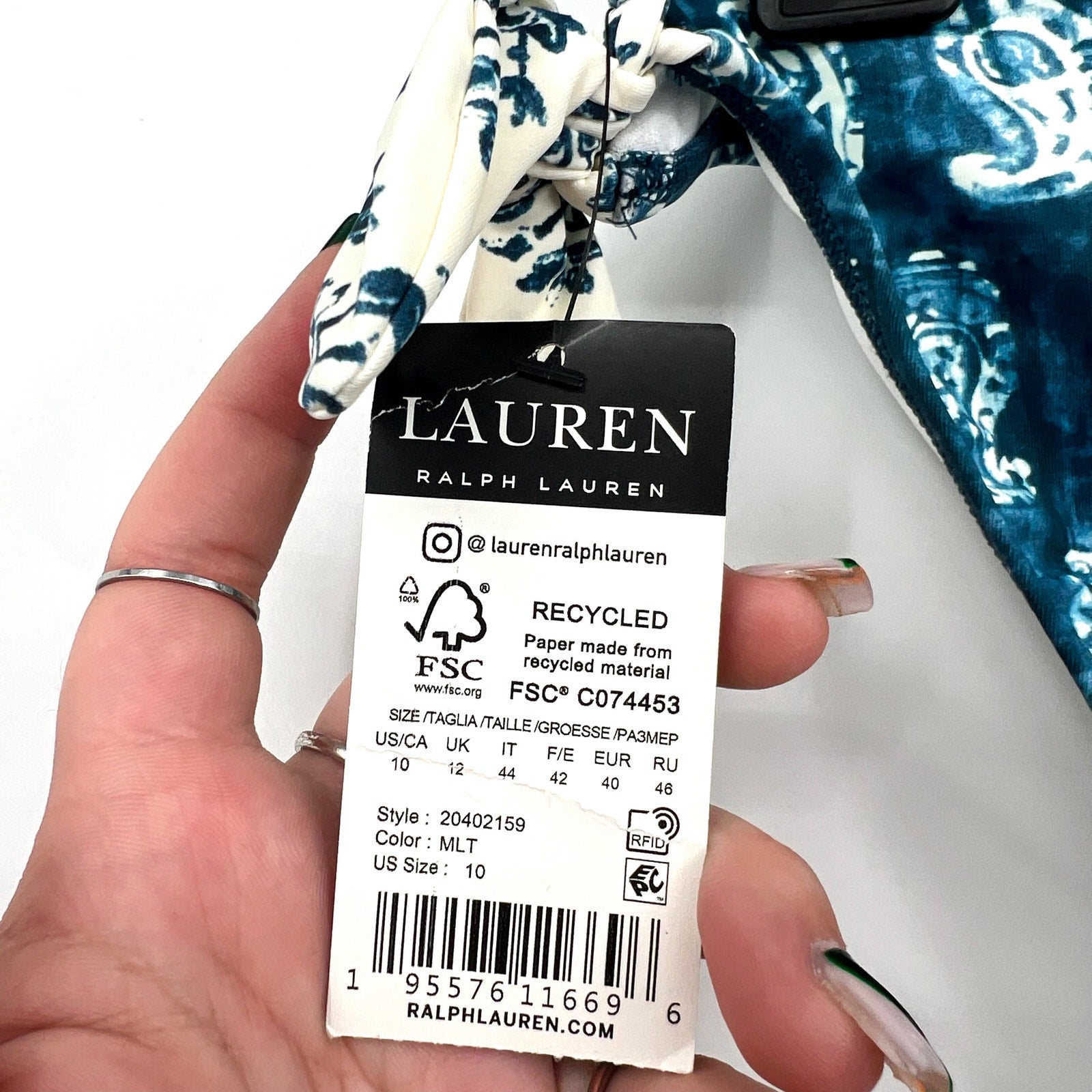 LAUREN RALPH LAUREN Hipster Bikini Bottom Size 10 Blue Print Side-Tie NWT