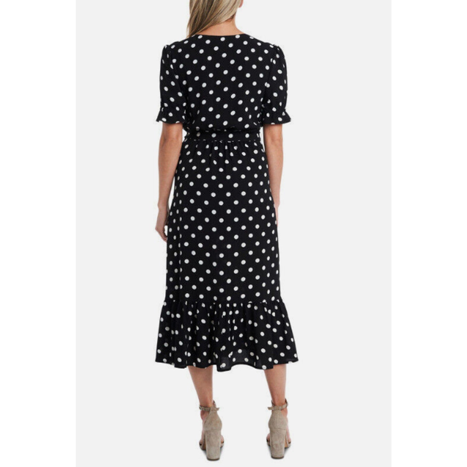 CECE Womens Polka Dot Midi Dress 12 Black White Tie Waist Button Front NWT