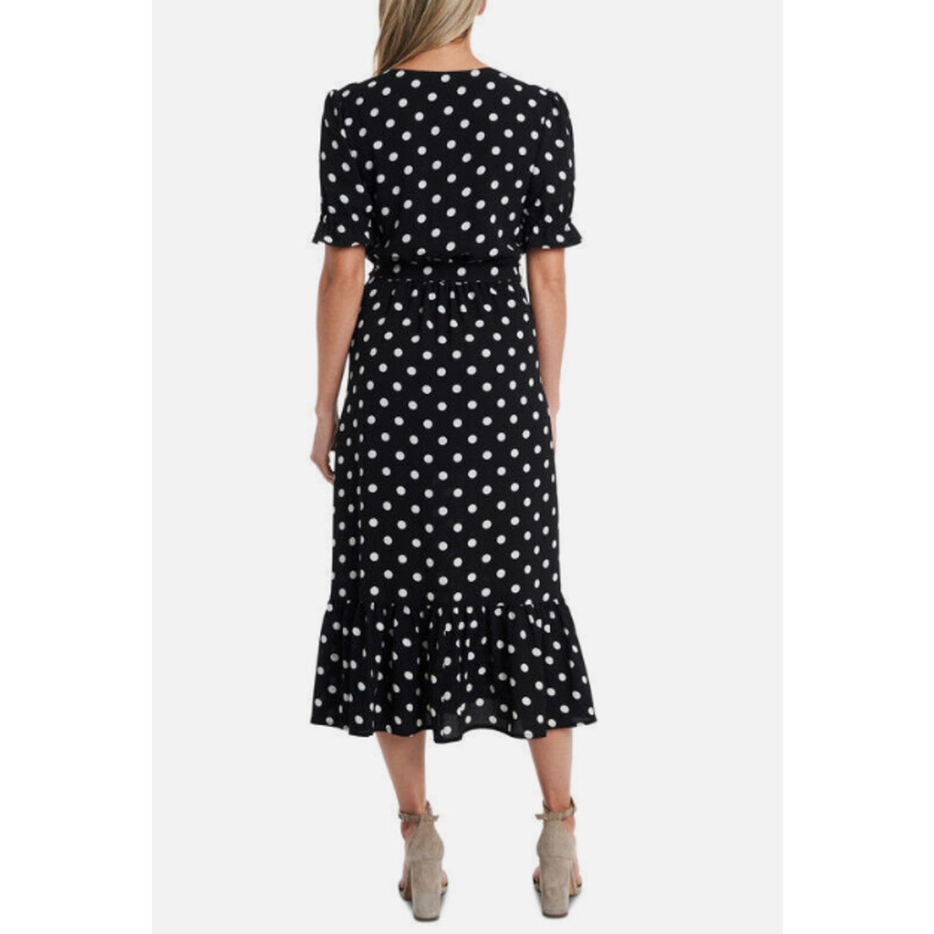 CECE Womens Polka Dot Midi Dress Size 12 Black White Tie Waist Button Front NWT
