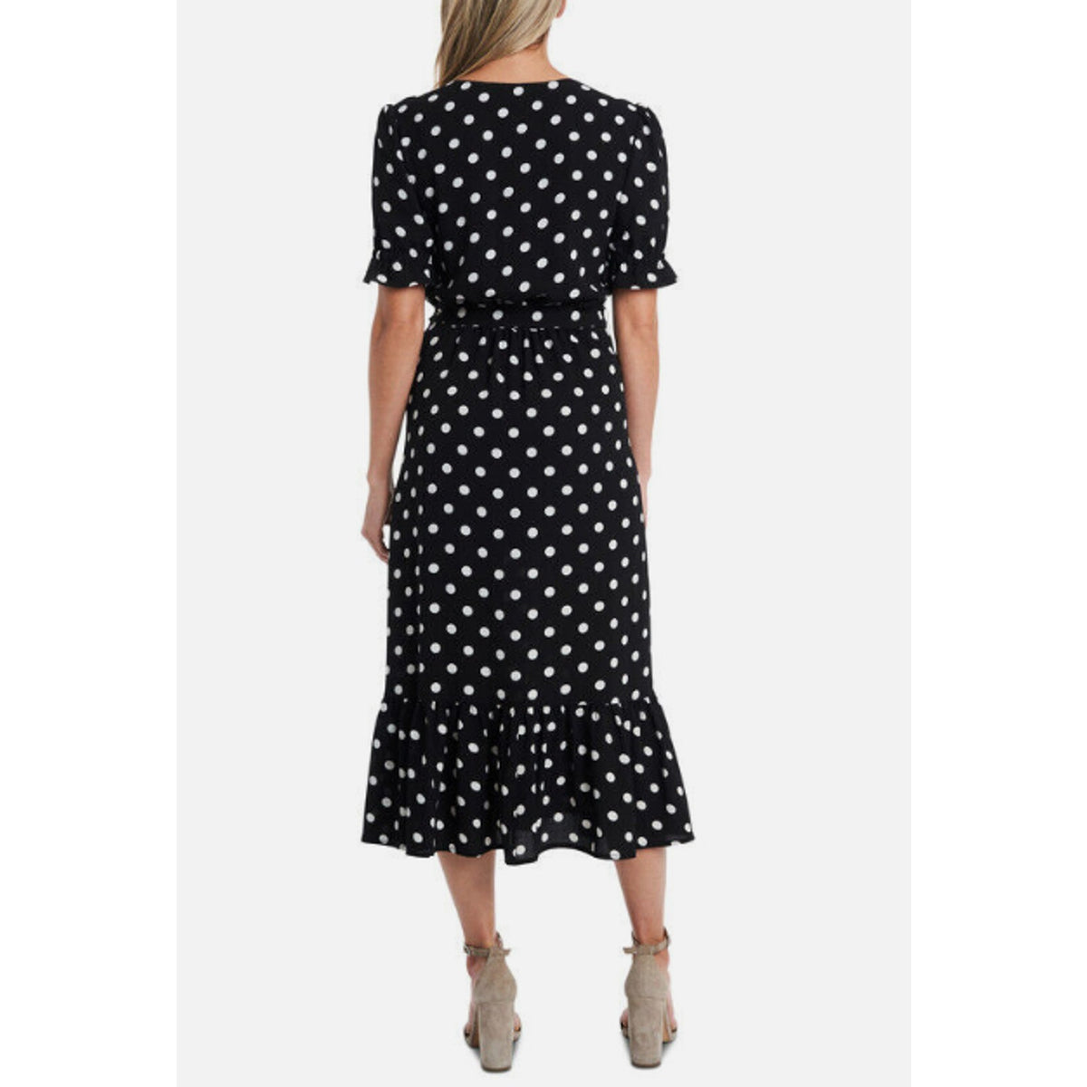 CECE Womens Polka Dot Midi Dress Size 12 Black White Tie Waist Button Front NWT