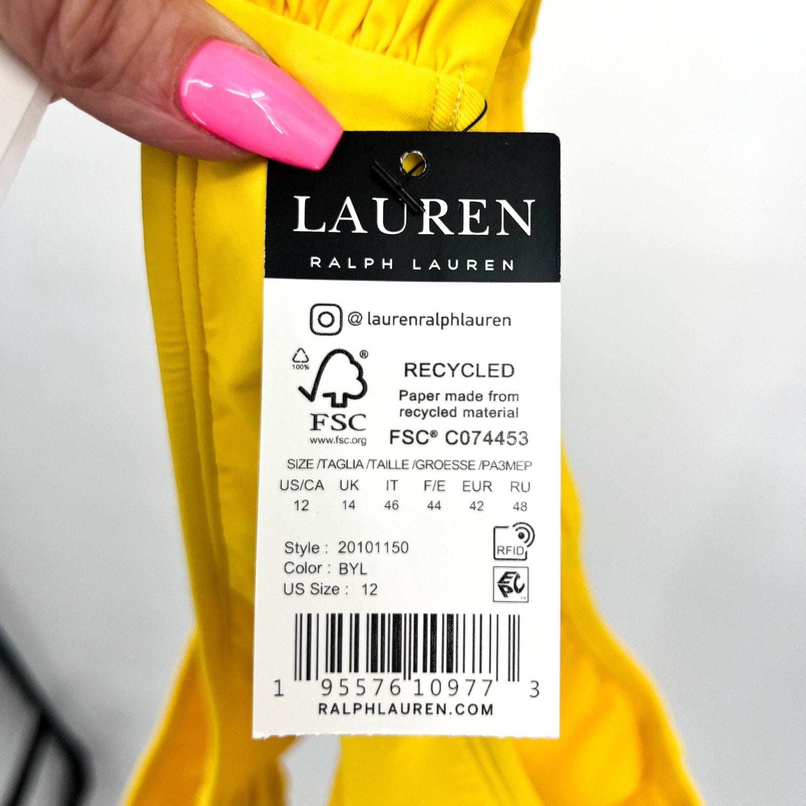 LAUREN RALPH LAUREN Shirred Hipster Bikini Bottom Size 12 Yellow Beach Club NWT