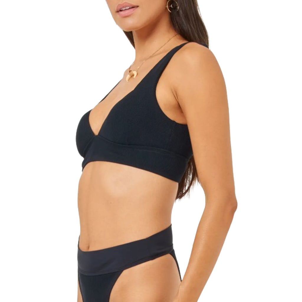 L*SPACE Women's Hailey Rib Bikini Top Medium Black Sweetheart Neck NWT