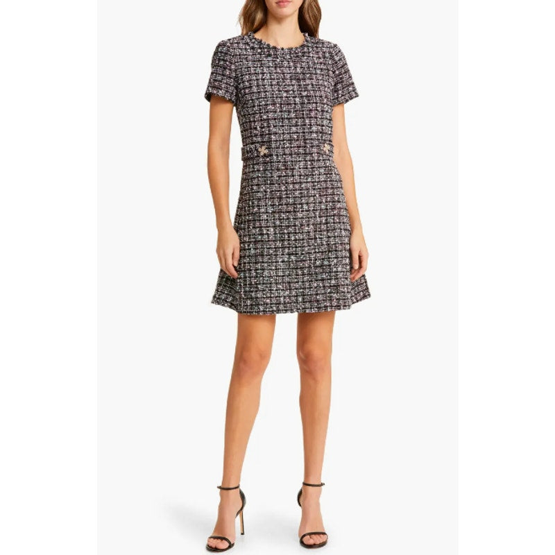 ELIZA J Women's Bouclé Fit & Flare Dress Size 6 Black Tweed Short Sleeve NWT