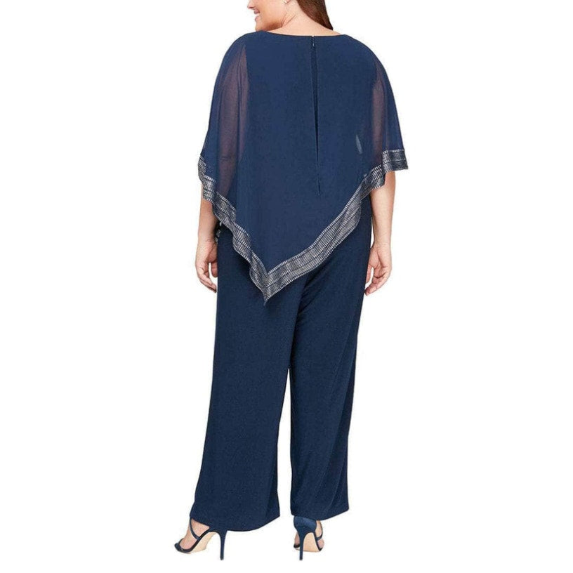 SLNY Women's Metallic Trim Cape Jumpsuit 18W Navy Blue Silver Asymmetrical NWT