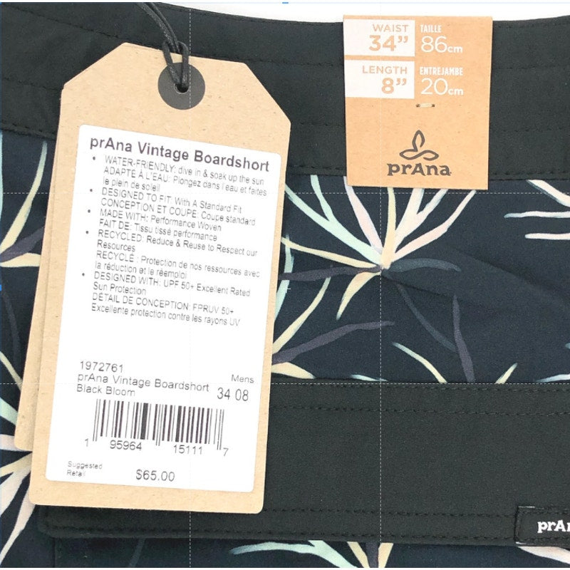 PRANA Men's Vintage Boardshorts Large 34 Black Bloom 8" Inseam Drawstring NWT