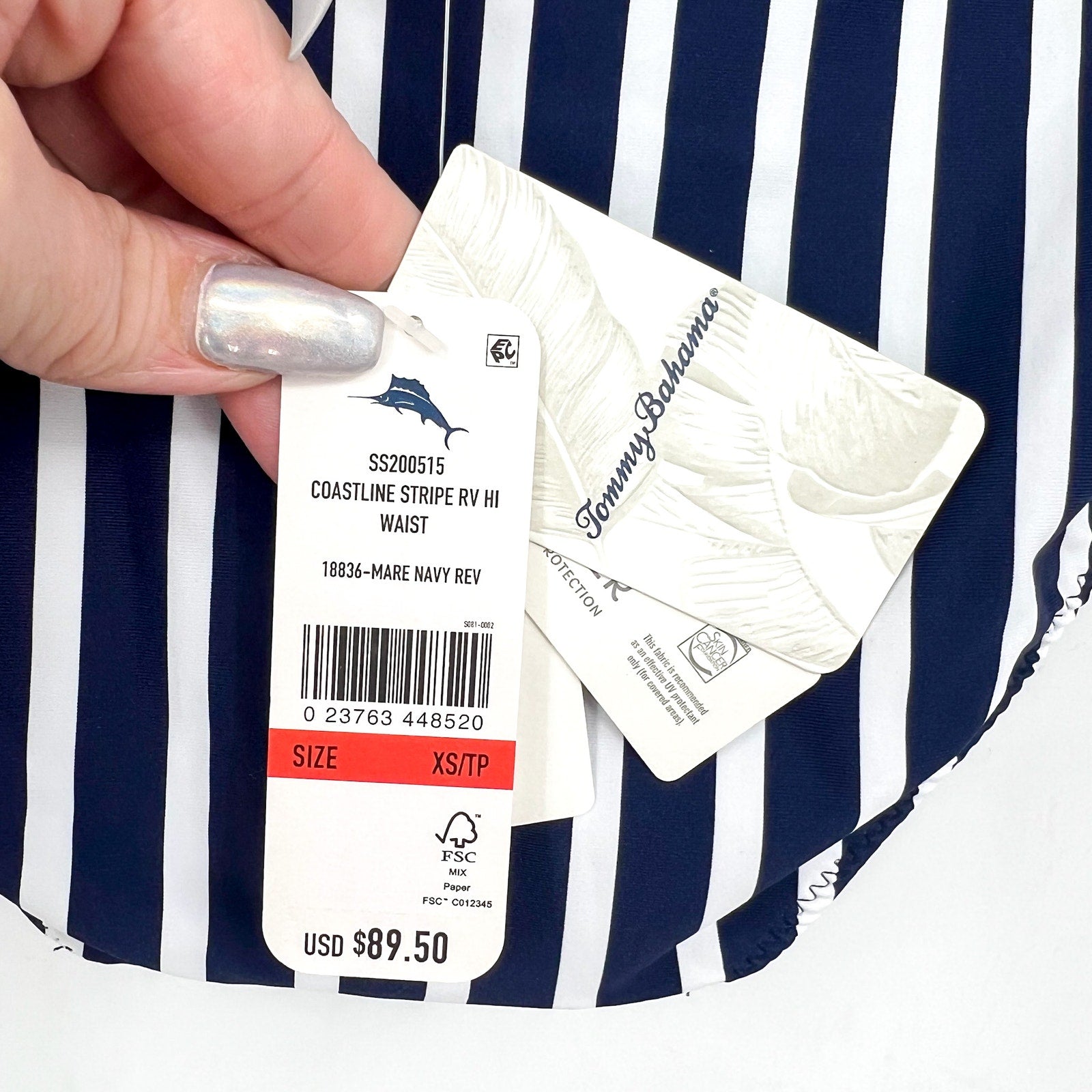 TOMMY BAHAMA Coastline Stripe Reversible Bikini Bottoms XS Navy Blue White NWT