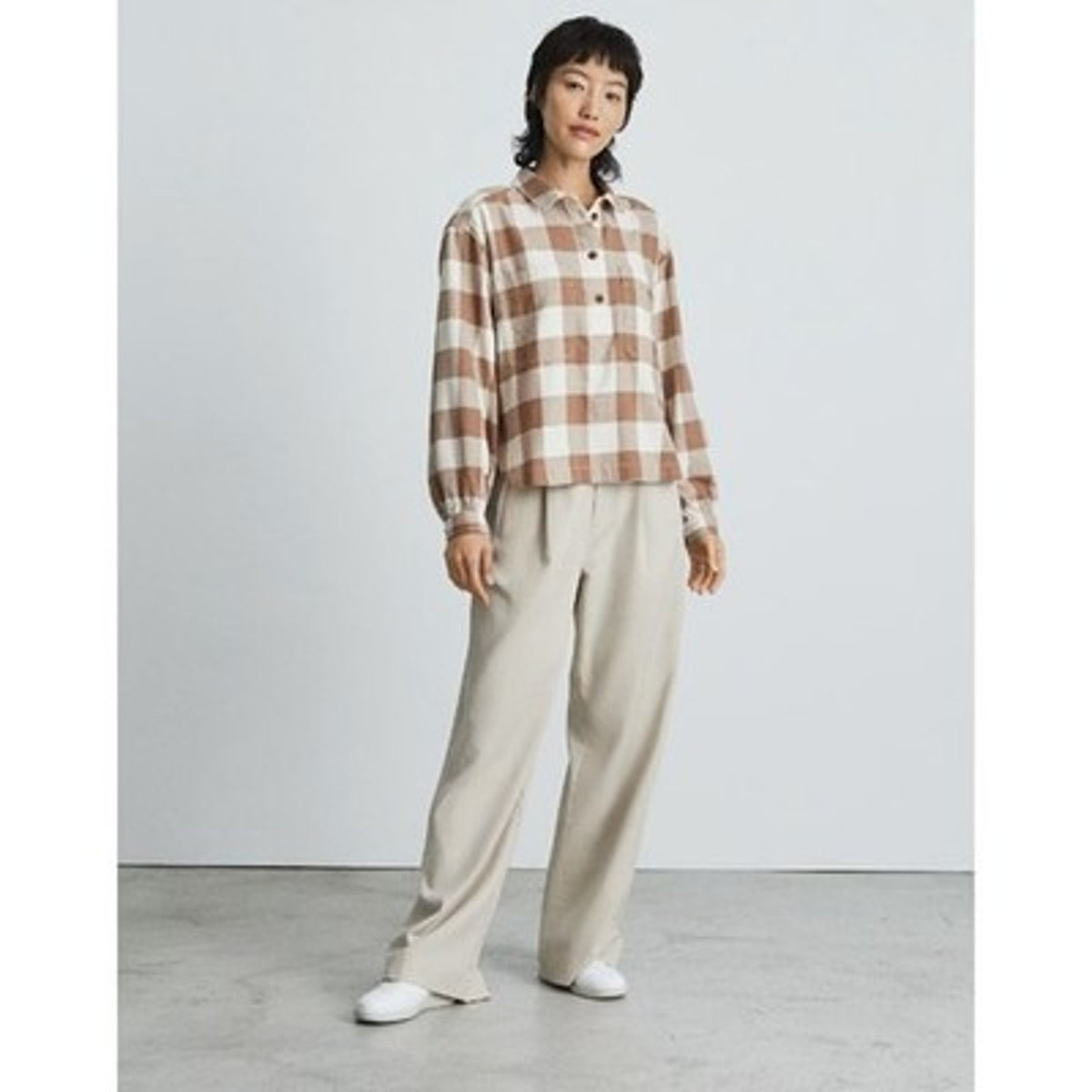 Everlane Womens Flannel Popover Top XS Tan White Plaid Organic Cotton NWOT