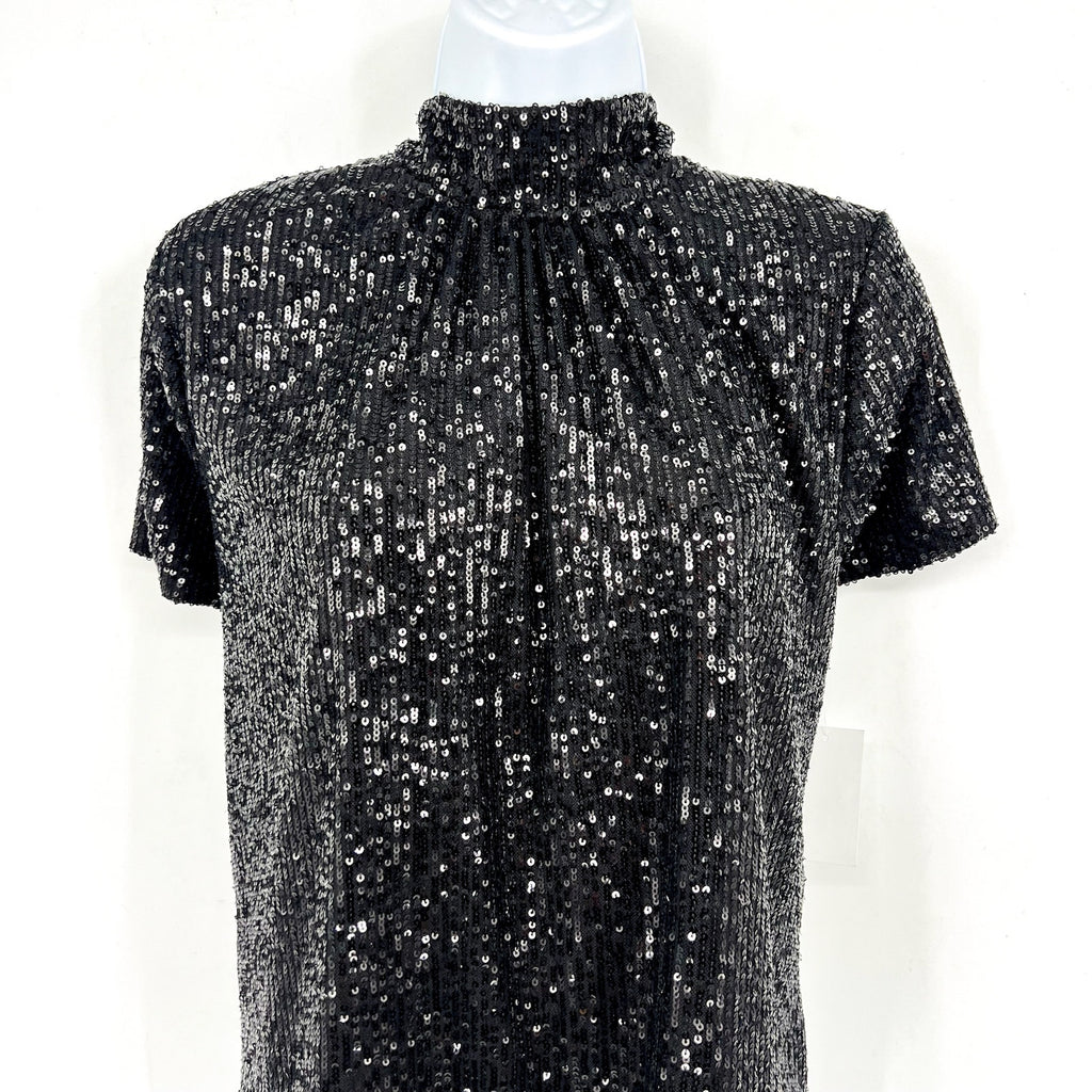 CECE Women's Sequin Top Large Rich Black Bow Back Mock Neck Short Sleeve NWT