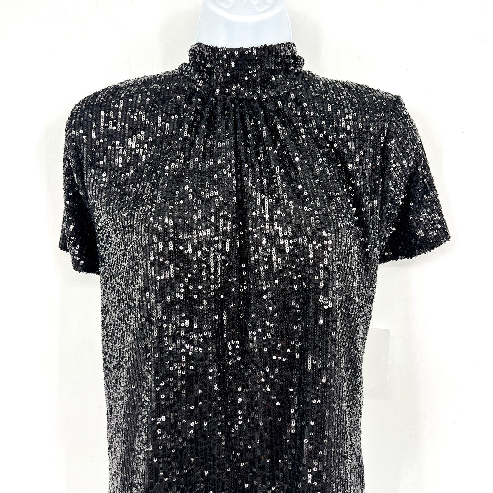CECE Women's Sequin Top Large Rich Black Bow Back Mock Neck Short Sleeve NWT