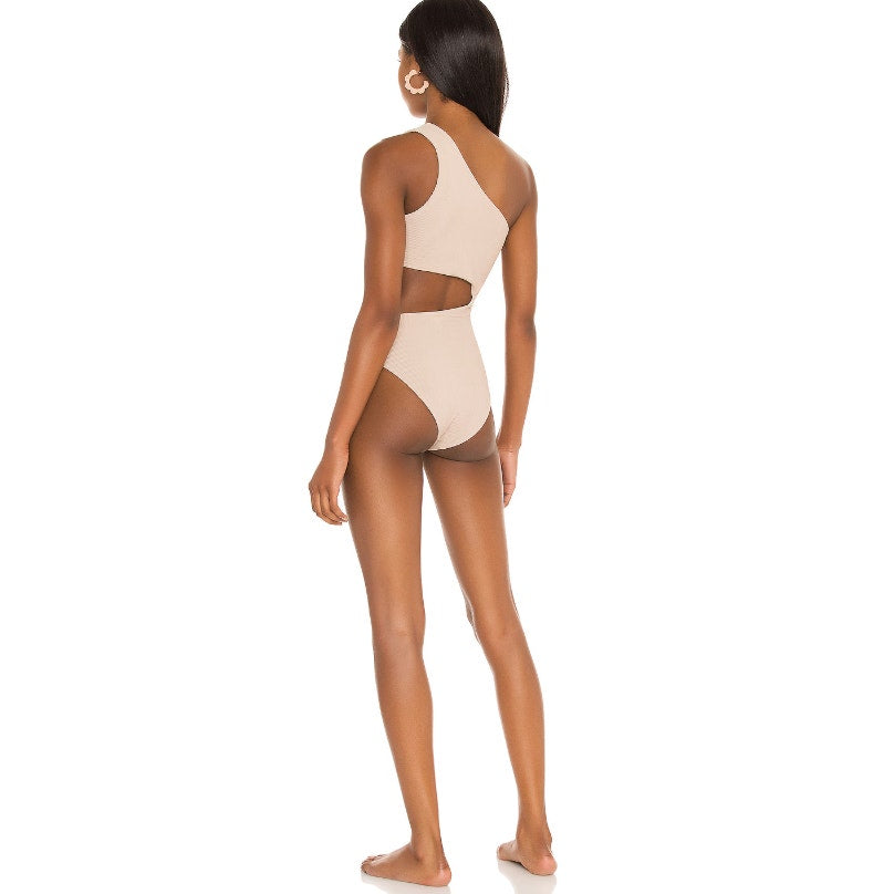 BEACH RIOT Women's Celine One Piece Swimsuit Medium Tan Cut Out One Shoulder NWT