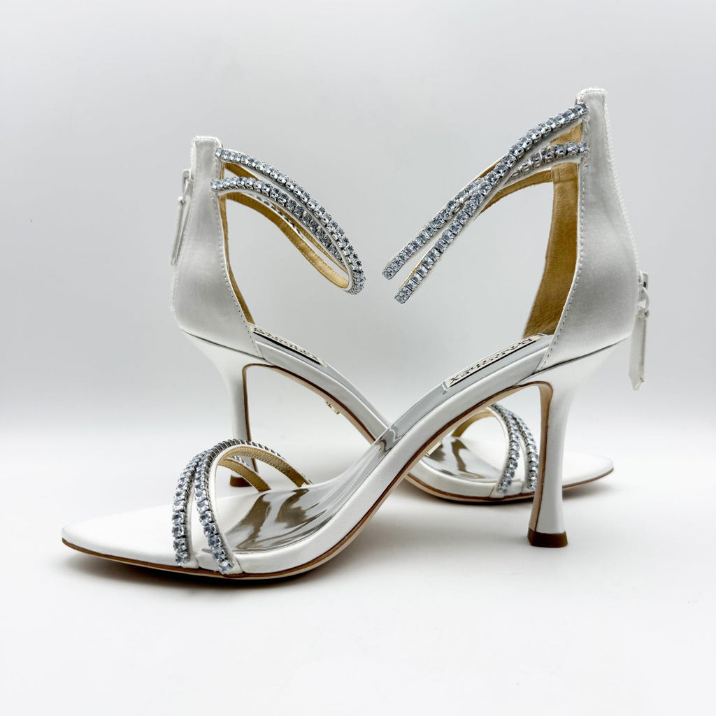 Badgley Mischka Womens Logan Heeled Sandals Size 8.5 Silver Leather Crystal NIB