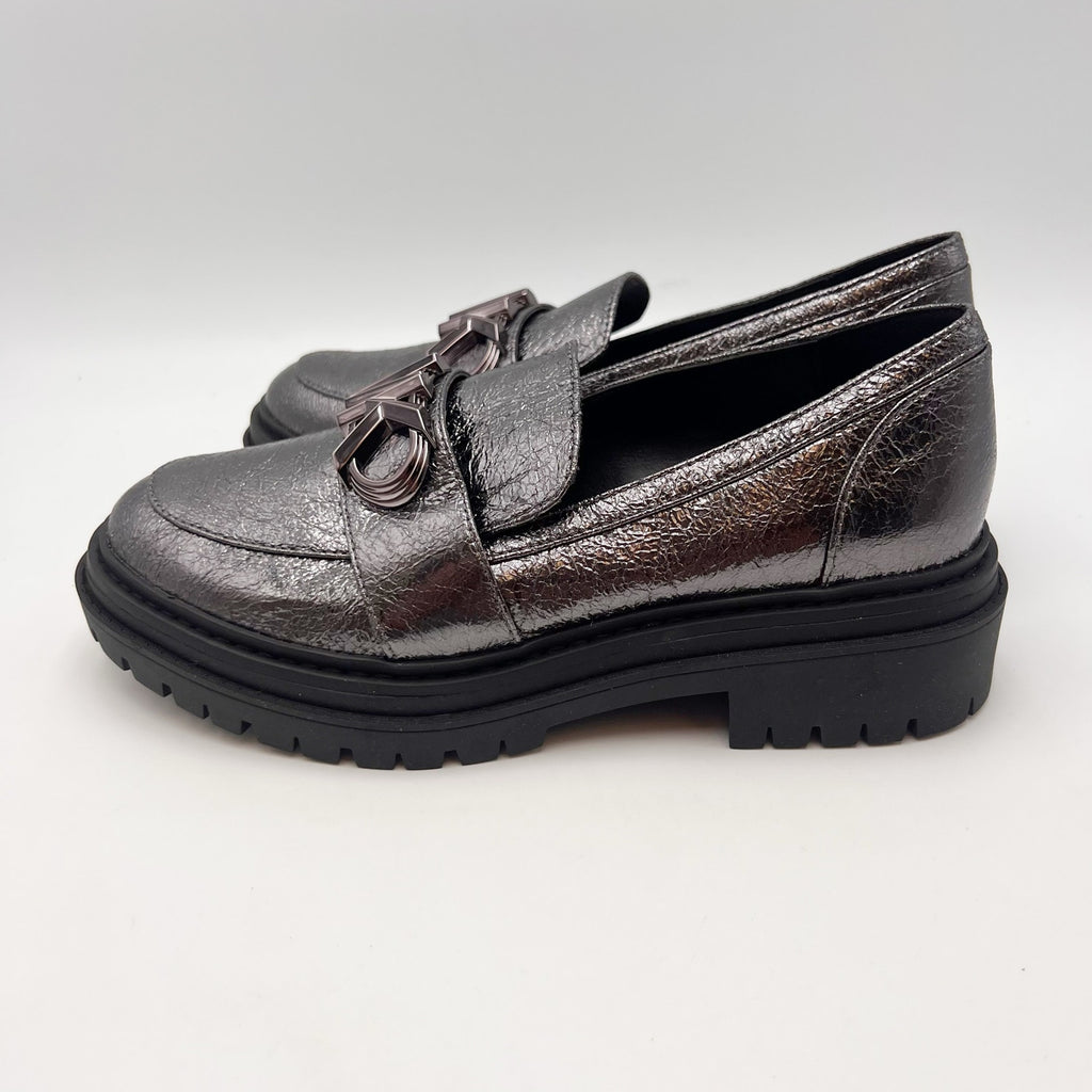 Micheal Kors Womens Parker Lug Loafers Size 6 M Metallic Grey NWOB