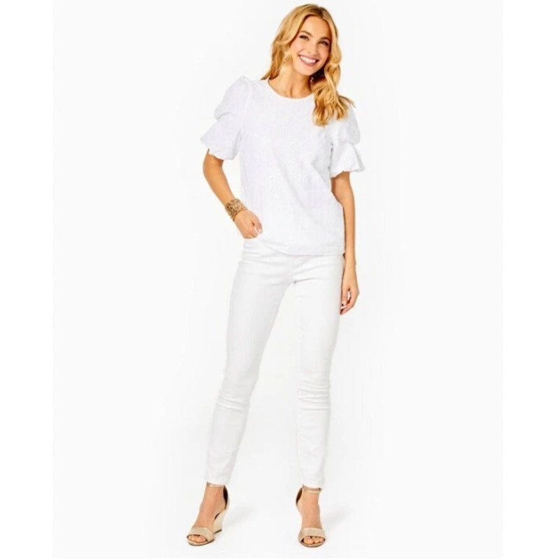 LILLY PULITZER Womens Lailah Eyelet Top XXS Resort White Ditsy Vine Eyelet NWT