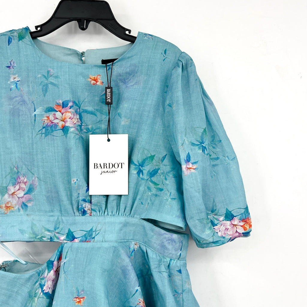 BARDOT Girl's Cindy Floral Cutout Dress Size 8 SMALL Blue Flora Puff Sleeve NWT
