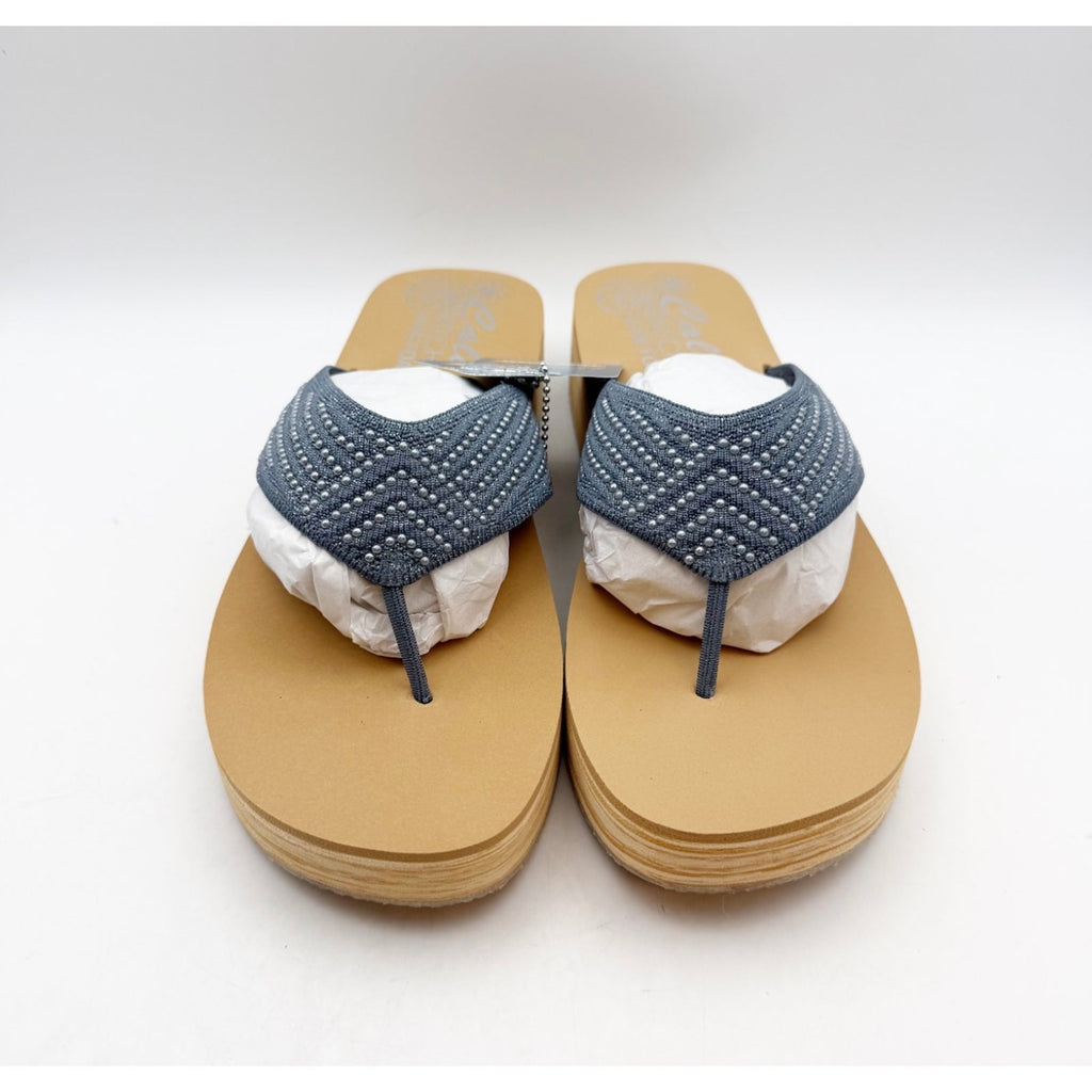 Skechers Womens Summers Mid Wedge Thong Sandals Size 10 EU 40 Slate Blue Tan NIB