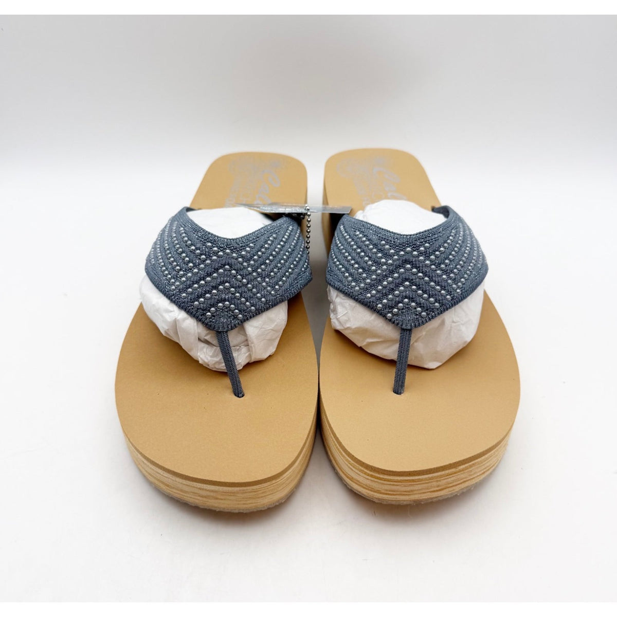 Skechers Womens Summers Mid Wedge Thong Sandals Size 10 EU 40 Slate Blue Tan NIB