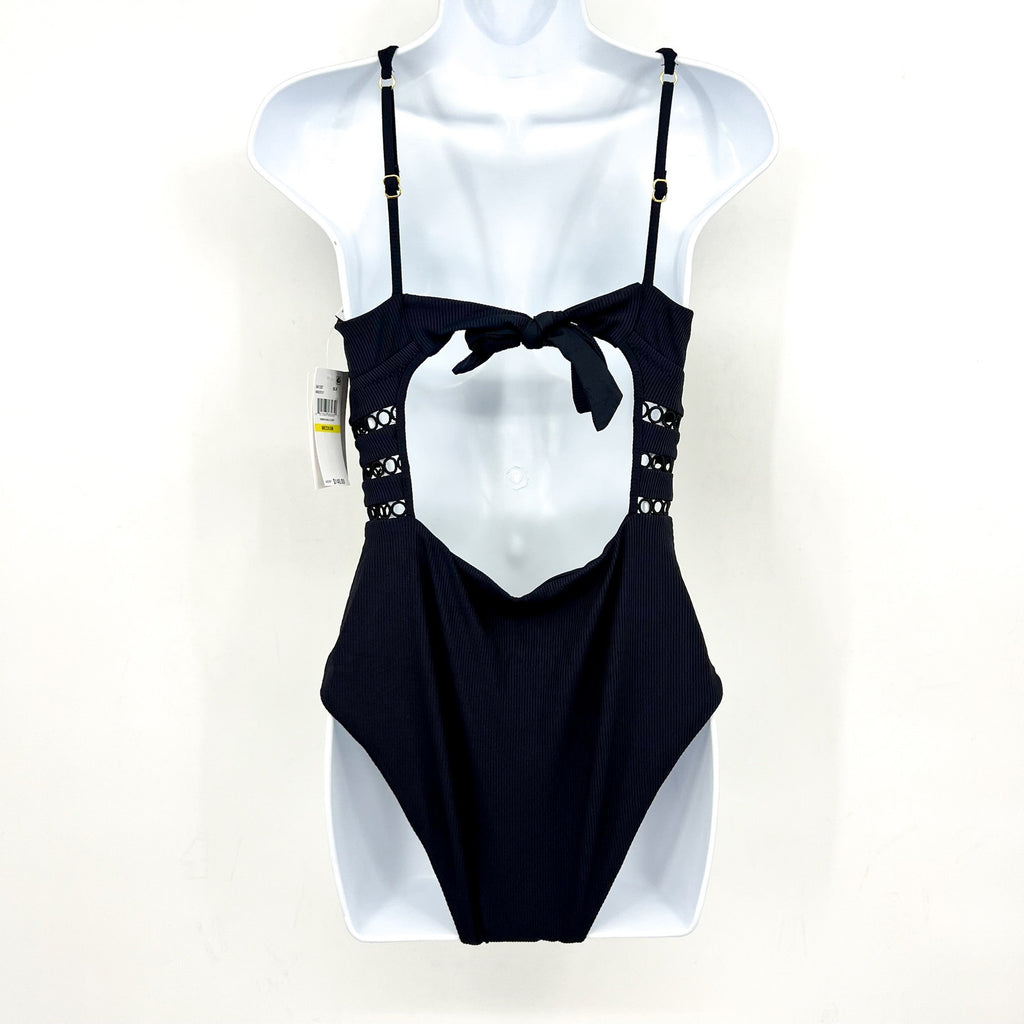 BECCA Women's Toni Plunge One Piece Swimsuit Medium Black Modern Edge Rib NWT