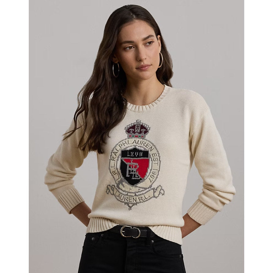 LAUREN RALPH LAUREN Intarsia-Knit Crest Sweater Large Cream 100% Cotton NWT