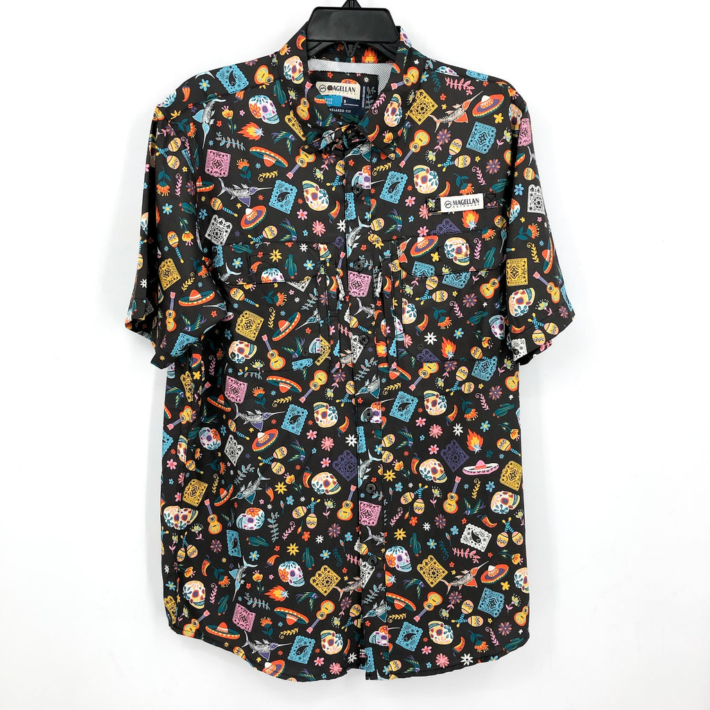 MAGELLAN Mens Dia De Los Muertos Fishing Shirt XL Black Short Sleeve NWOT