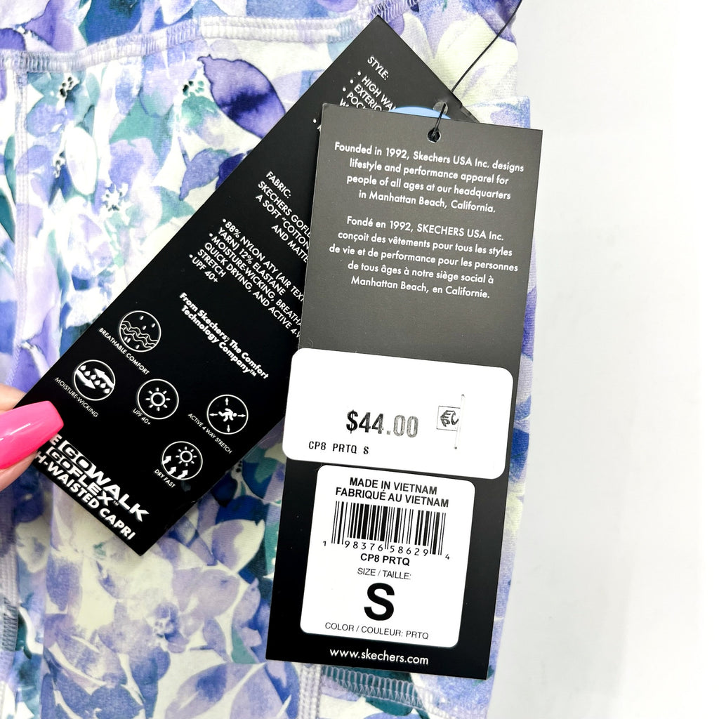 SKECHERS Gowalk Capri Leggings Small  Blue Seascape Floral High Waisted NWT