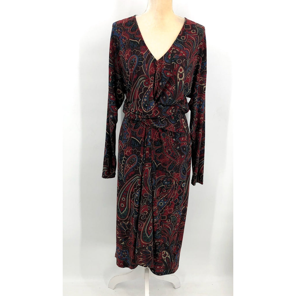 LAUREN RALPH LAUREN Twist-Front Jersey Dress Size 12 Red Checked Paisley NWT
