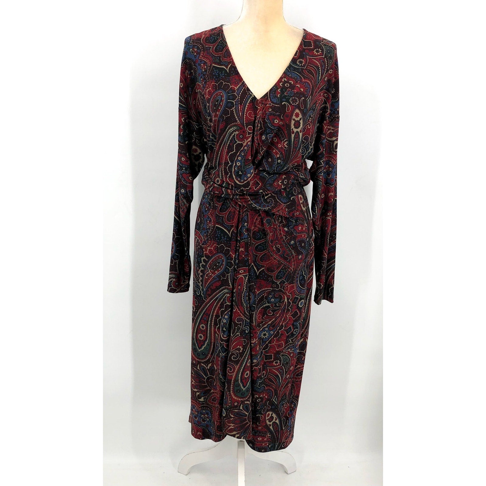LAUREN RALPH LAUREN Twist-Front Jersey Dress Size 12 Red Checked Paisley NWT