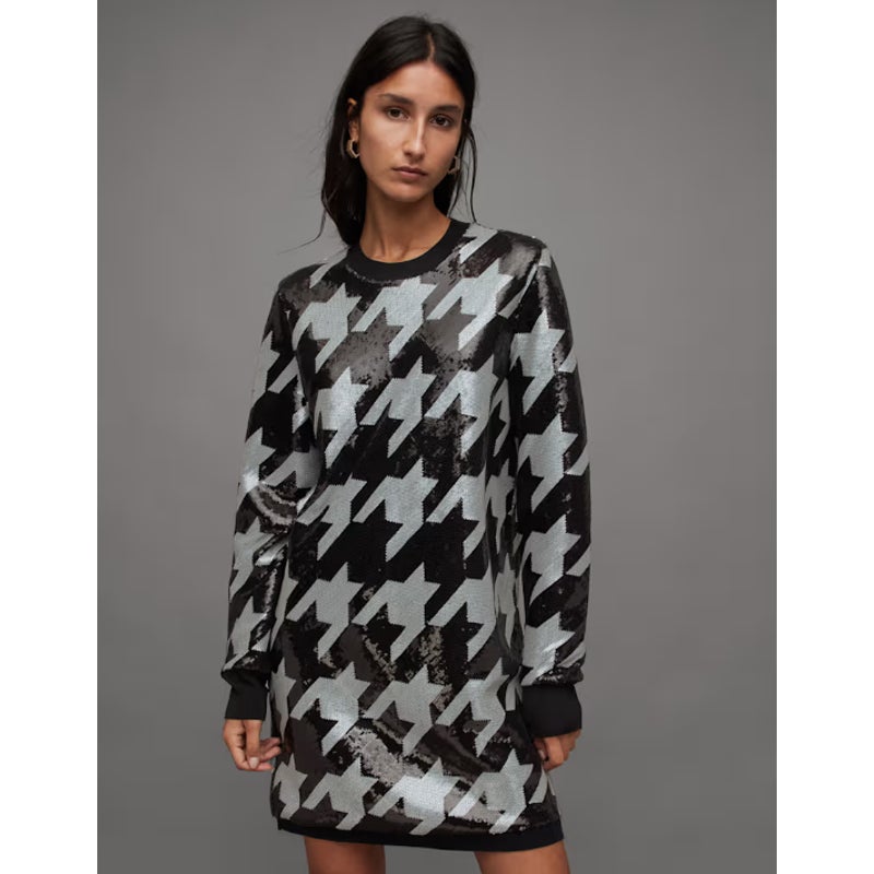 ALLSAINTS Juela Toni Sequin Check Mini Dress Medium Black White Long Sleeve NWT