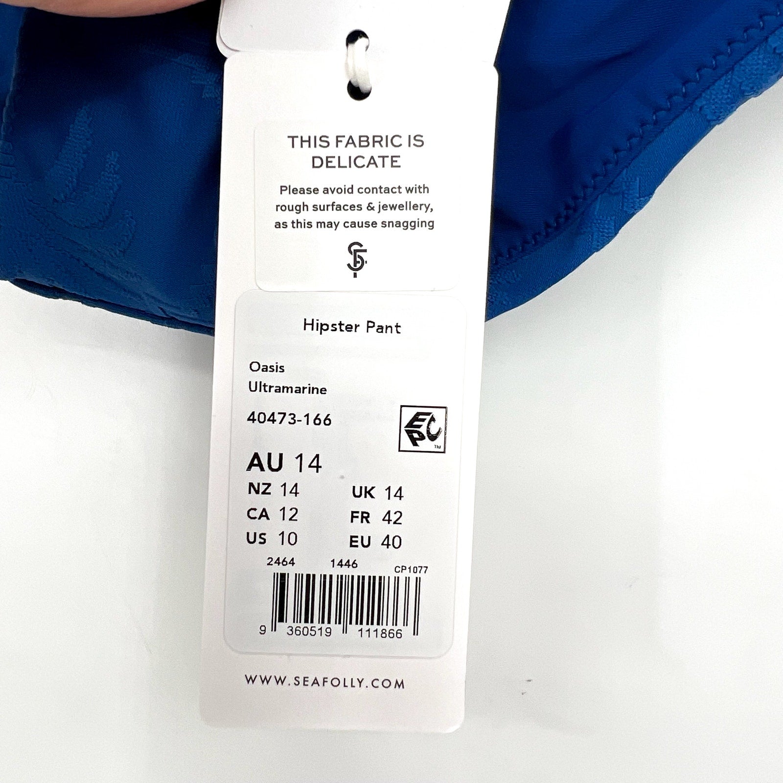 SEAFOLLY Women's Oasis Hipster Bikini Bottom Size 10 Ultramarine Textured NWT