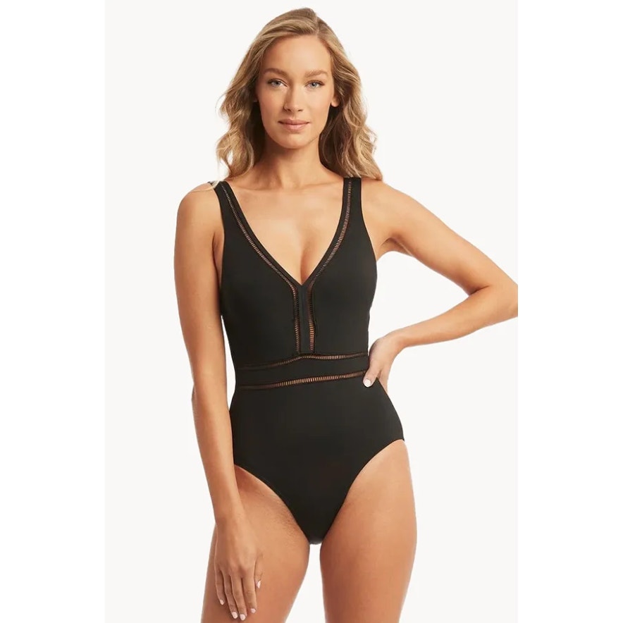 SEA LEVEL SWIM Women's One Piece Swimsuit US 6 Black Multi-fit Waisted NWT