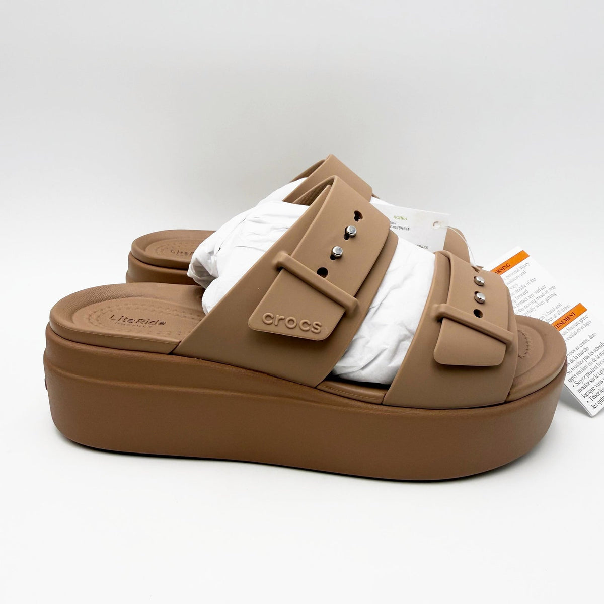 Crocs Womens Brooklyn Buckle Low Wedge Sandals Size 5 EU 34-35 Latte Brown NWT