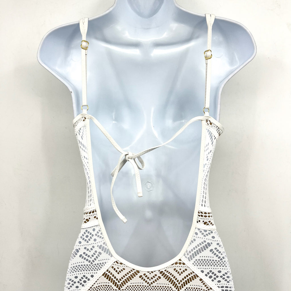 BECCA Women's Color Play Crochet Plunge One-Piece Swimsuit XS White Tan NWOT