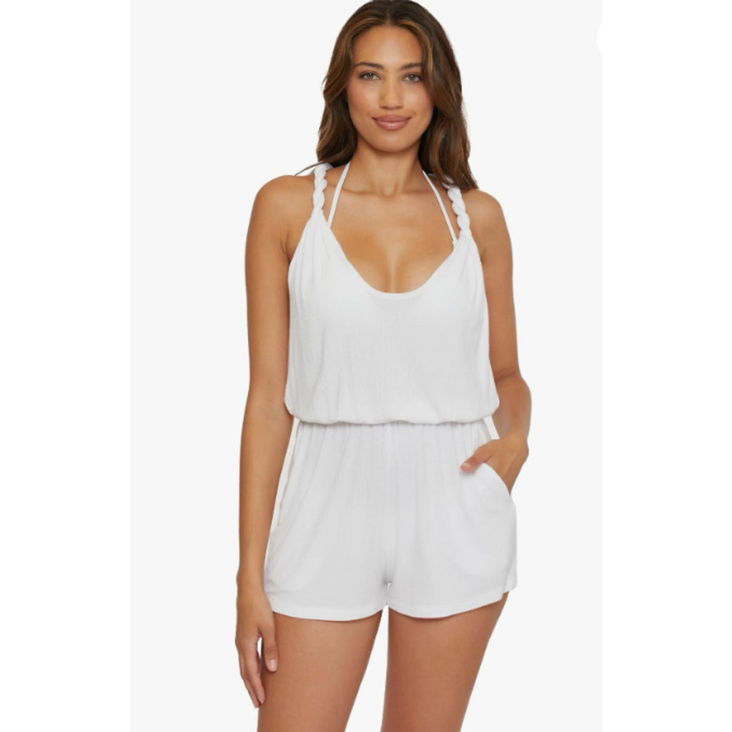 BECCA Women's Mykonos Pull On Romper Beach Cover Ups Medium White Stretch NWT